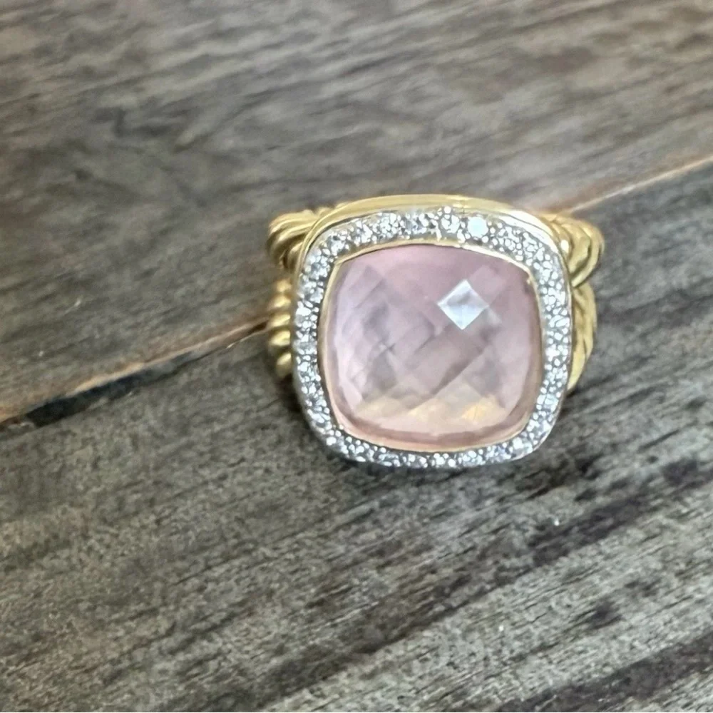 David Yurman Albion  18k Gold Ring Rose Quartz Center Diamond Halo - Size 8.25 - Picture 2 of 7
